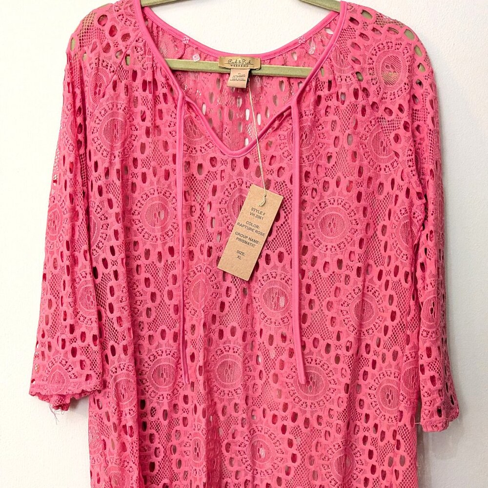 NWT Peck & Peck Weekend Women's Rapture Rose Pink Lace Beach Cover-Up. Size XL